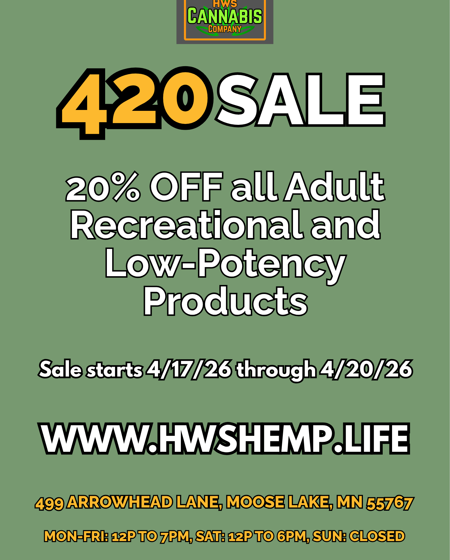420 Sale 4/17 to 4/20  20% off