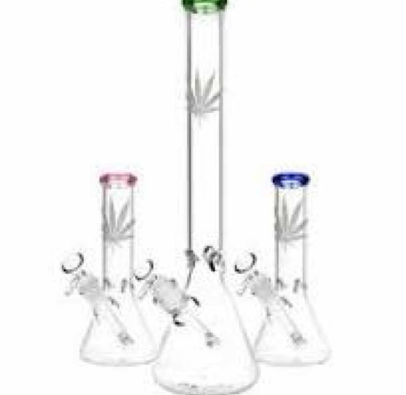 Bong - Silver Hemp Leaf Glass Beaker Water Pipe 10"