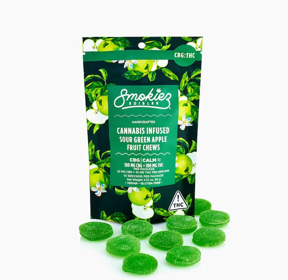 Smokiez Fruit Chews Sour Green Apple 100mg THC / 100mg CBG 1:1