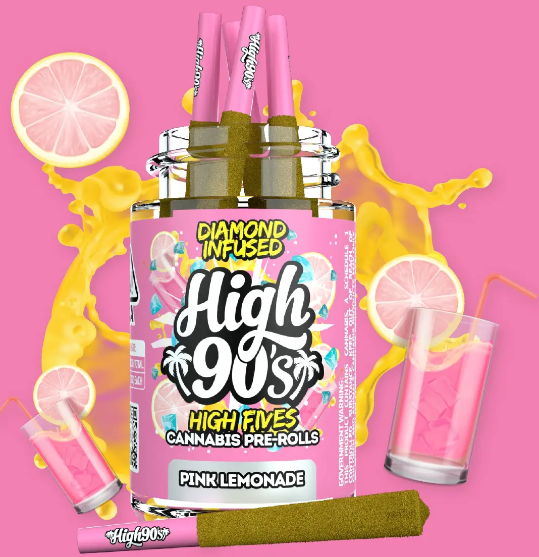 High 90's - Pink Lemonade - 5pk Diamond infused Prerolls - THC:42.24%