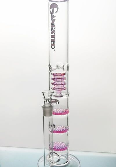 #202 16 inch triple honeycomb water Perc with birdcage and splash guard and ice notches pink/blue