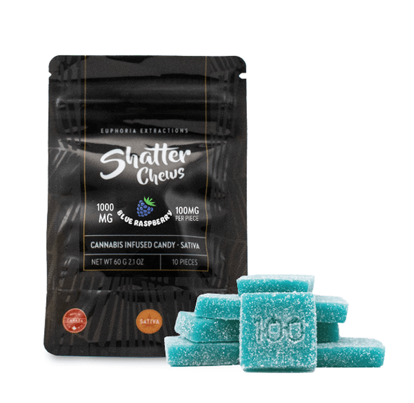 1000mg Indica Blue Raspberry Shatter Chews by Euphoria Extractions (100mg x10)