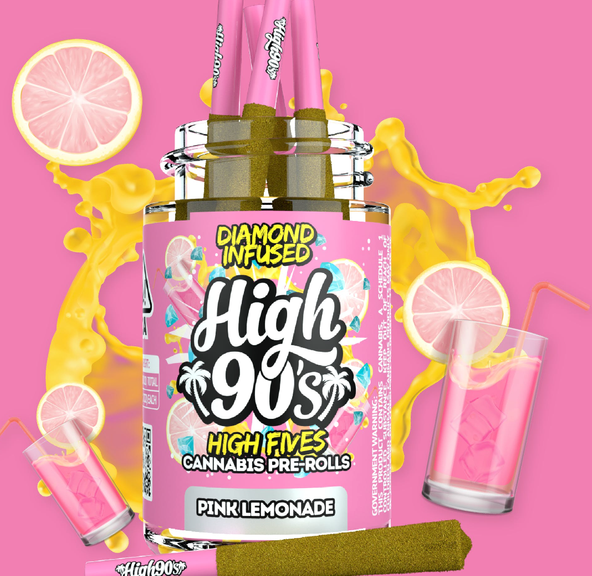 High 90's - Pink Lemonade - 5pk Diamond infused Prerolls - THC:42.24%