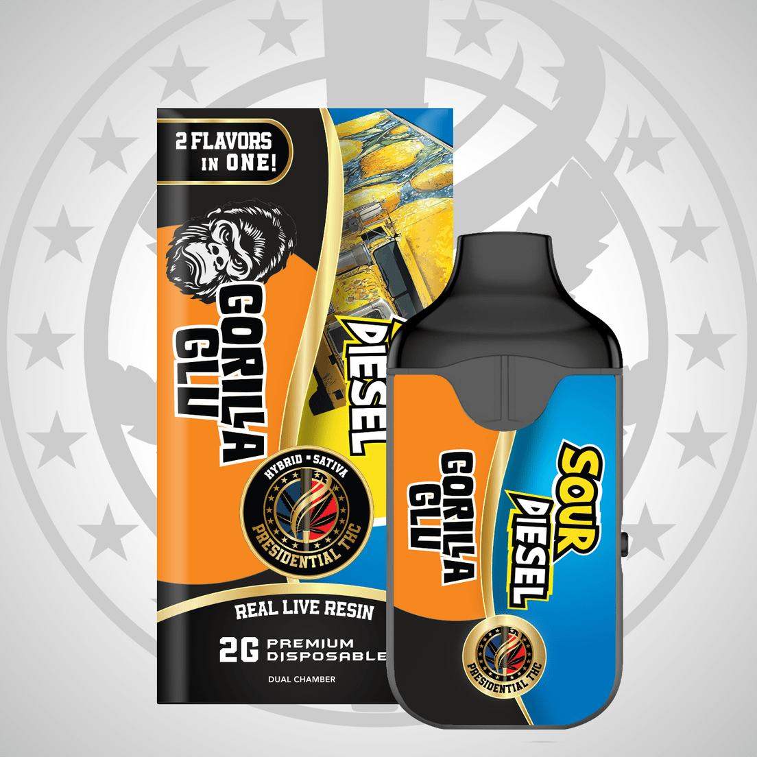 Dual Disposable | Presidential THC | Sour Diesel & Gorilla Glu | Live Resin | 2g