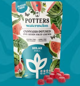 100mg Watermelon Indica Sugar Free Live Resin Fruit Chews - Potters