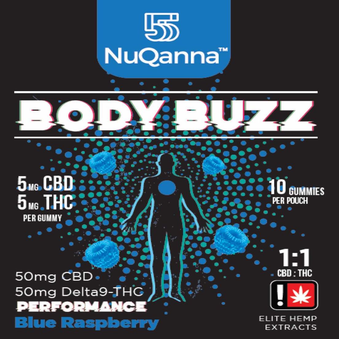 Body Buzz 1:1 5mg CBD: 5mg THC Performance Blue Raspberry 10pk