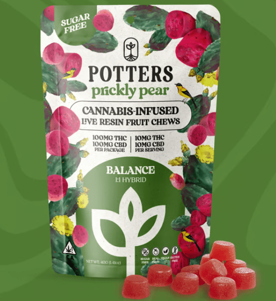 PRE-ORDER ONLY 1:1 THC: CBD Prickly Pear (Hybrid) Sugar Free Live Resin Fruit Chews - Potters