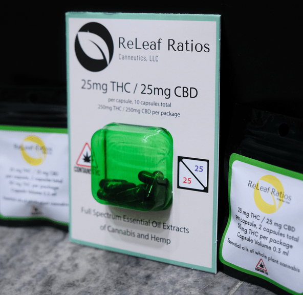 Releaf Ratios- Capsules- 25mg THC/ 25mg CBD- 10 pk