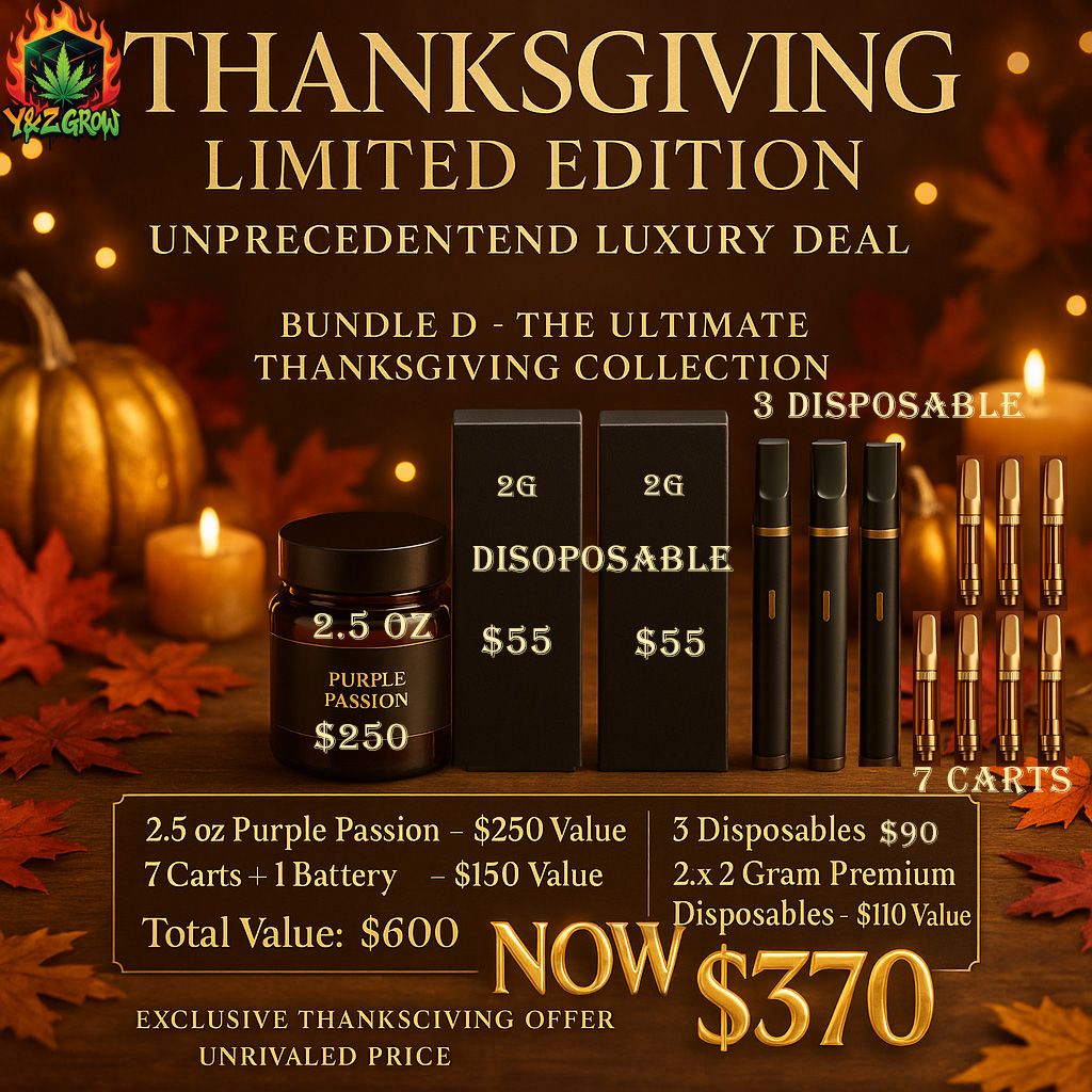 ? Thanksgiving Fire Bundle D: 2.5 Oz Purple Passion + 2x 2G Dual Switch LD Dispo + 3x LD Dispo + 7x Carts + 1x Battery