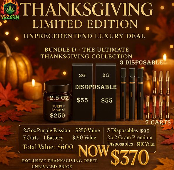? Thanksgiving Fire Bundle D: 2.5 Oz Purple Passion + 2x 2G Dual Switch LD Dispo + 3x LD Dispo + 7x Carts + 1x Battery