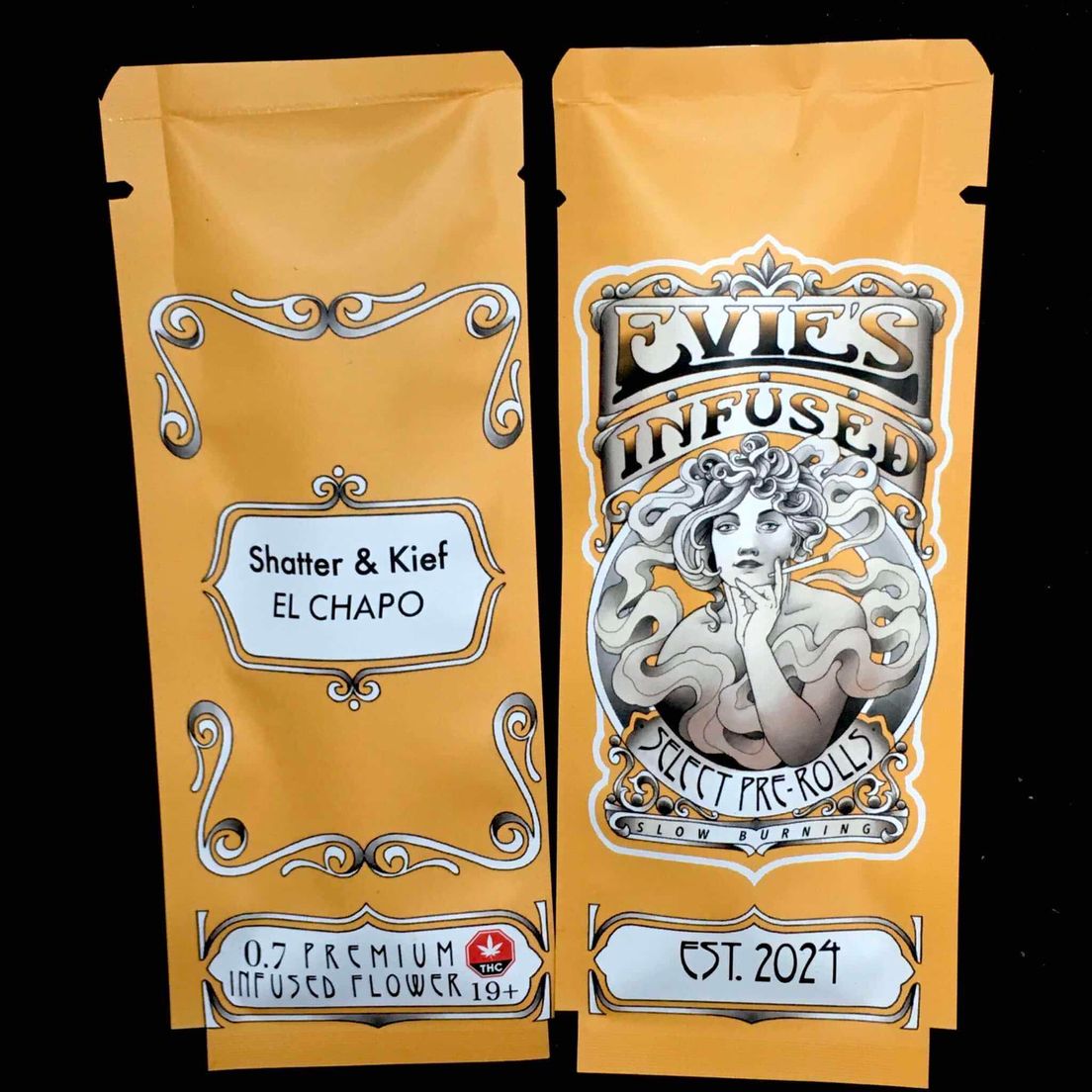 Evie’s 0.7g shatter & Kief pre roll $10