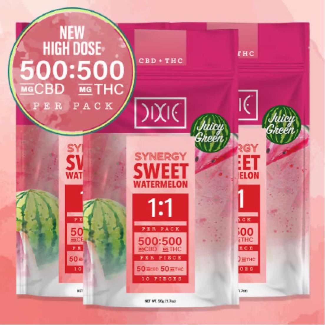 Dixie Synergy Watermelon 500mg 1:1 Gummies