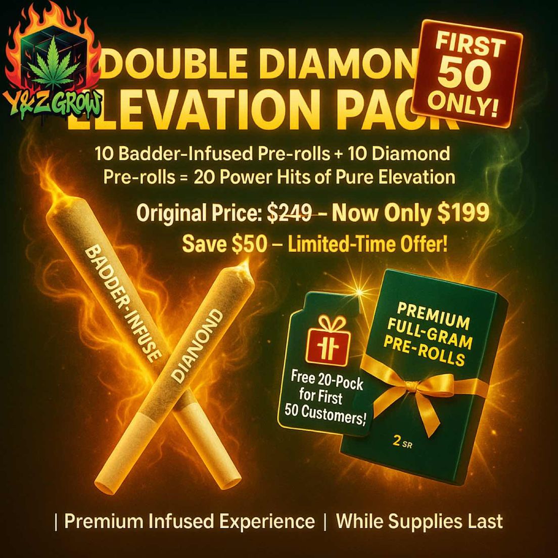 ? Double Diamond Elevation Pack – 20 Infused Pre-Rolls + FREE 20 Premium Pre-Rolls (First 30 Only!)