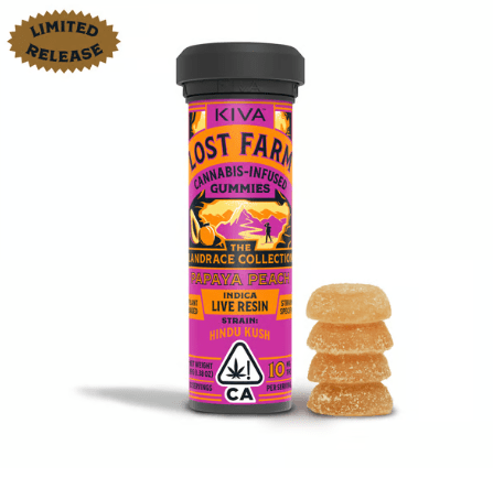 KIVA LOST FARM PAPAYA PEACH X HINDU KUSH GUMMIES 39G INDICA