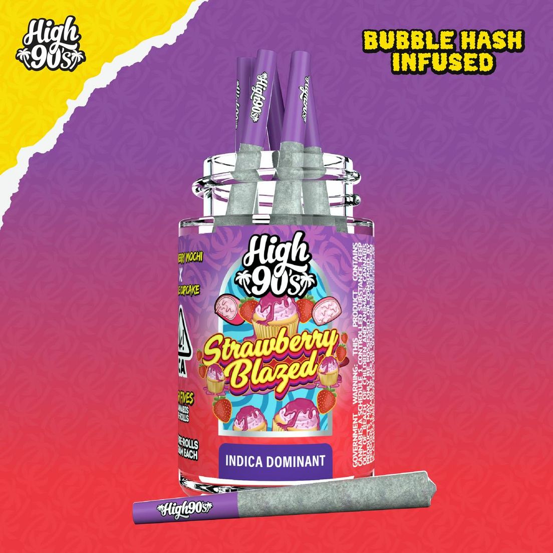 HIGH 90s - Strawberry Blazed 0.5g High Fives Bubble Hash Infused Pre-Rolls 5 Pack 2.5g