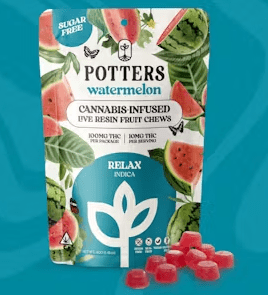 PRE-ORDER ONLY 100mg Watermelon Indica Sugar Free Live Resin Fruit Chews - Potters