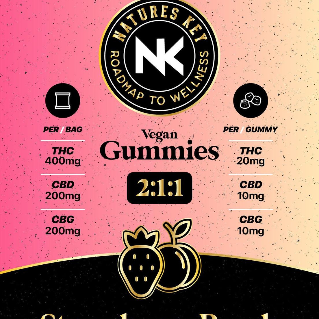 NATURES KEY STRAWBERRY PEACH 2:1:1 THC:CBD:CBG VEGAN GUMMIES 400MG
