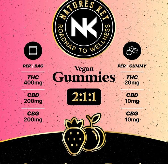 NATURES KEY STRAWBERRY PEACH 2:1:1 THC:CBD:CBG VEGAN GUMMIES 400MG