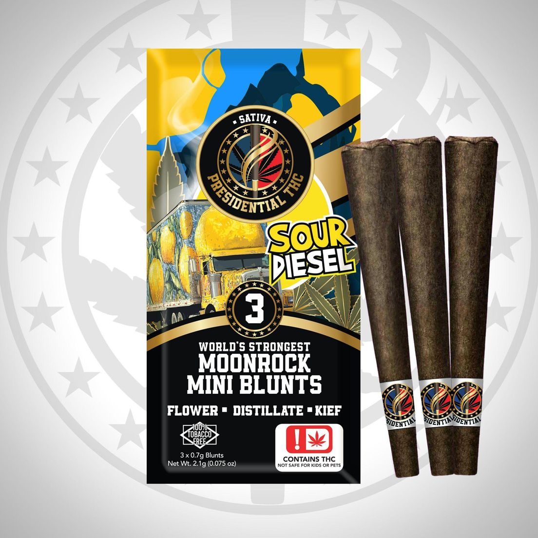 PRESIDENTIAL THC SOUR DIESEL 3 PACK MOONROCK MINI BLUNTS 2.1G
