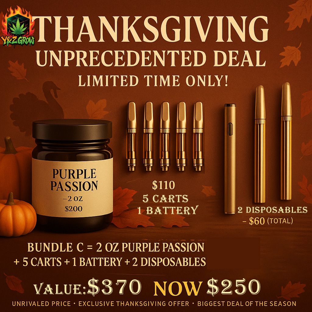 ?Thanksgiving Fire Bundle C: 2 oz Purple Passion + 5 Carts + Battery + 2 Liquid Diamond Dispo
