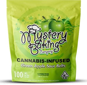 1. Mystery Baking Co. 100mg THC Sour Gummy Belts - Green Apple