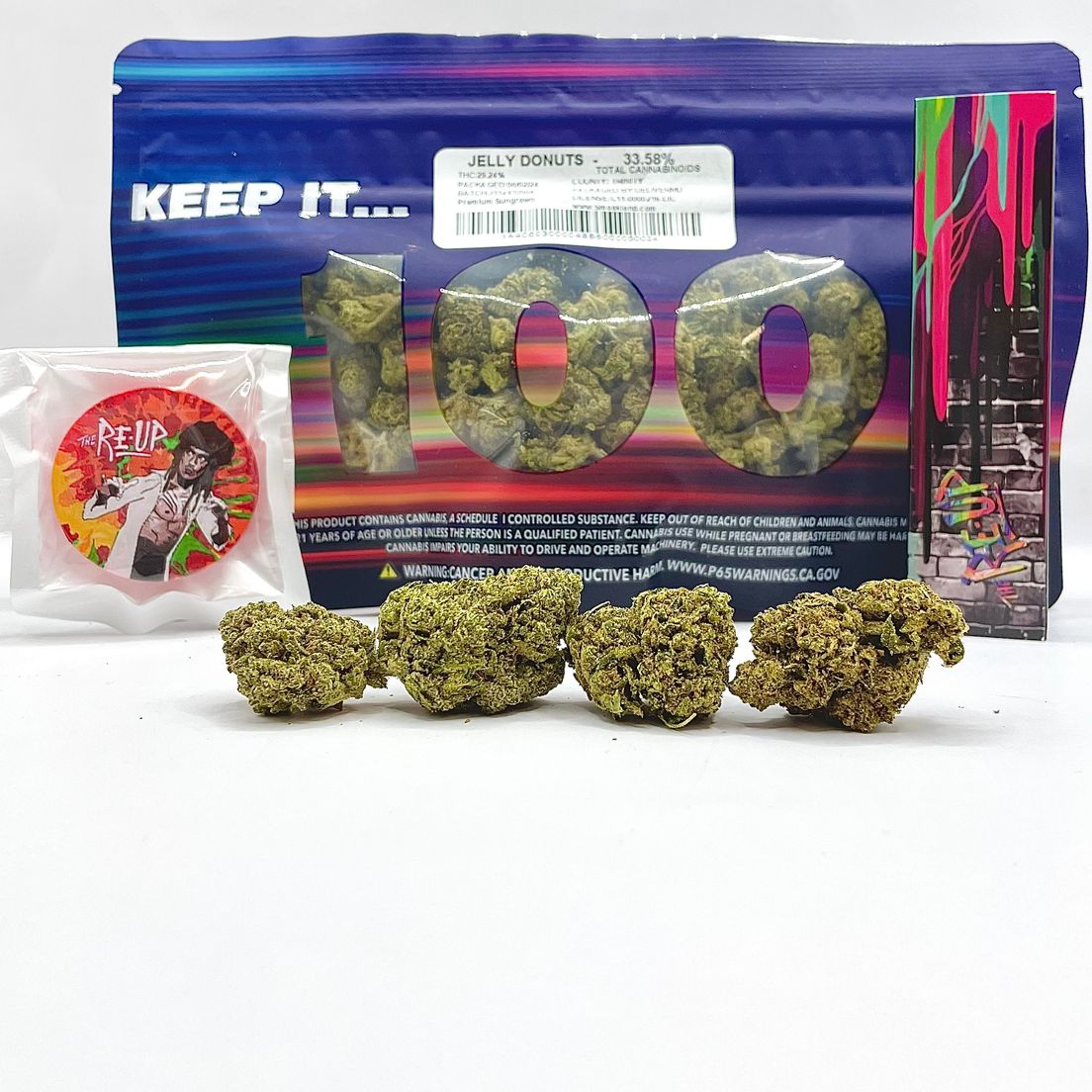 PRE-ORDER ONLY *Deal! $99 1 oz. Jelly Donuts (29.24%/Hybrid - Indica Dominant) - Keep it 100 + Rolling Papers + PopSocket