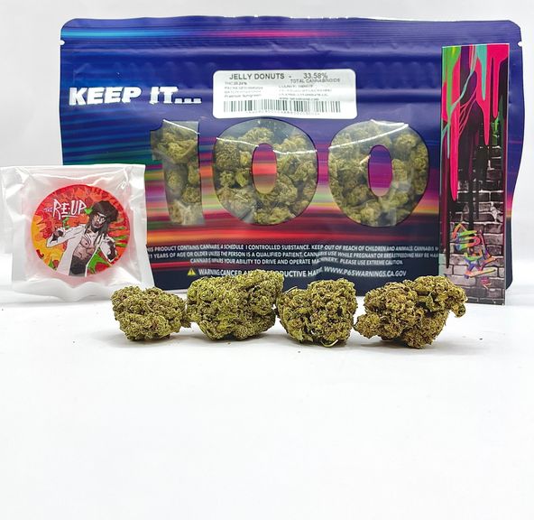 PRE-ORDER ONLY *Deal! $99 1 oz. Jelly Donuts (29.24%/Hybrid - Indica Dominant) - Keep it 100 + Rolling Papers + PopSocket