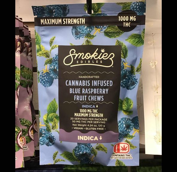 Smokiez Blue Raspberry Indica 1000mg Gummies
