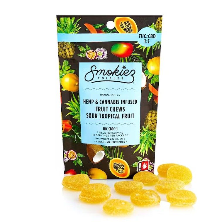 Sour Tropical Fruit 100mg CBD : 100mg THC Fruit Chews - OR