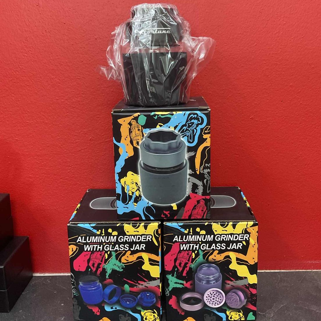 aluminum grinder with glass jar $32
