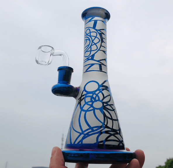 10" Glass Bong. Frosted and Mettalic Design - Blue or Gold