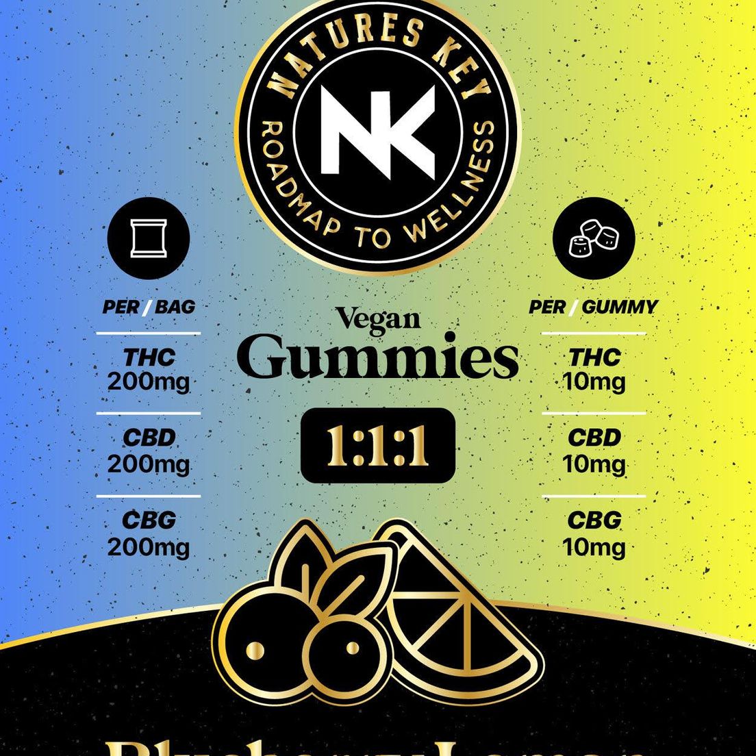 NATURES KEY BLUEBERRY LEMON 1:1:1 THC:CBD:CBG VEGAN GUMMIES 200MG