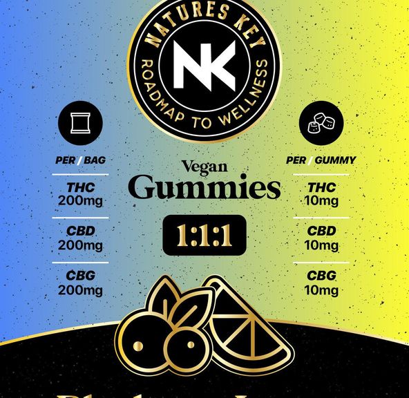 NATURES KEY BLUEBERRY LEMON 1:1:1 THC:CBD:CBG VEGAN GUMMIES 200MG