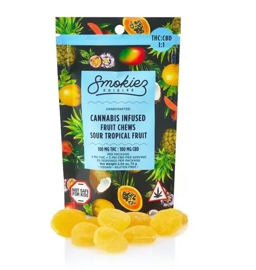 Smokiez Fruit Chews Sour Tropical 100mg THC / 100mg CBD 1:1