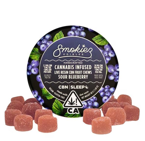 Sour Blueberry 100mg CBN : 100mg Live Resin THC 1:1 Fruit Chews - CA