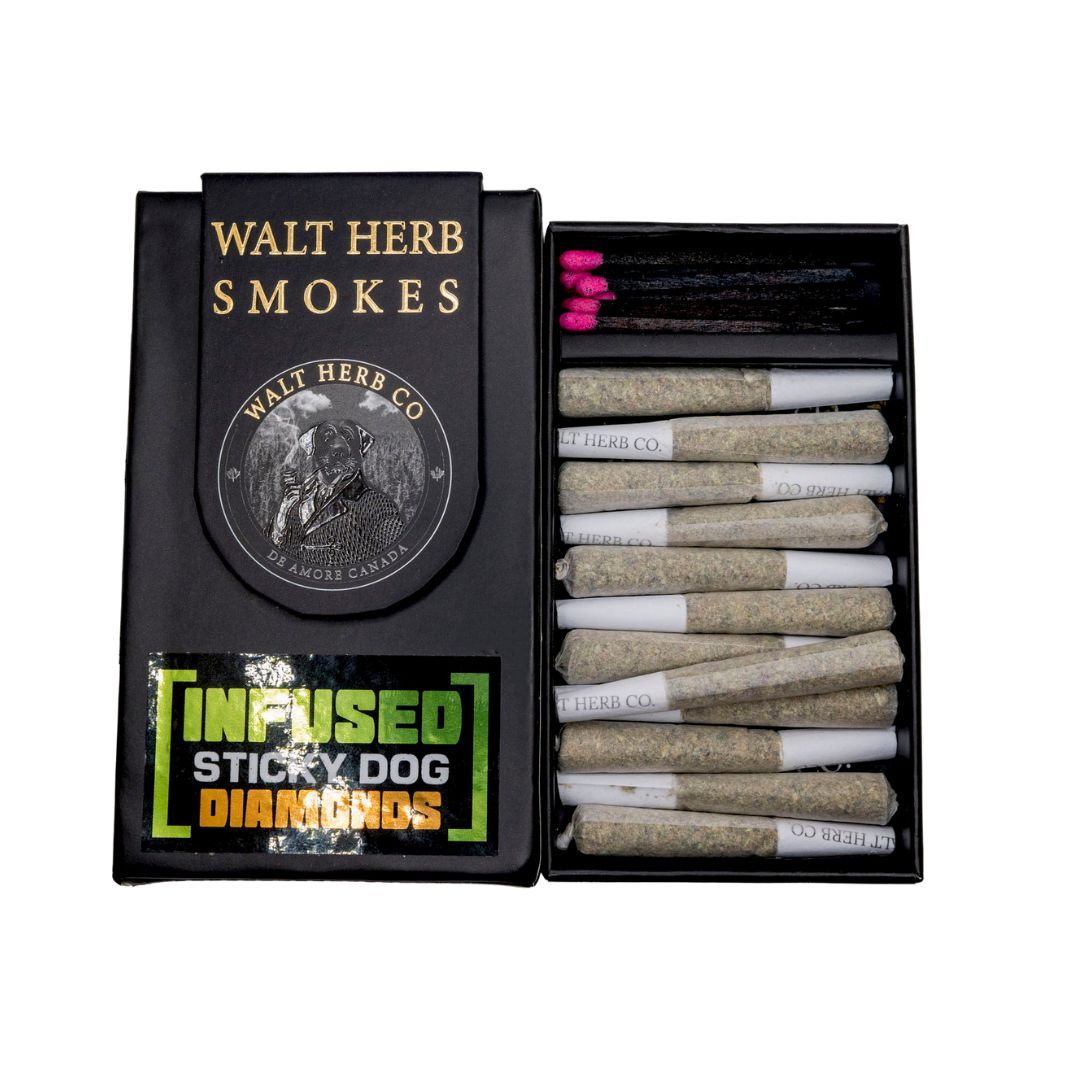 12 x 0.6G Indica Diamond Infused Sticky Dog Pre Roll Pack by Walt Herb Co.