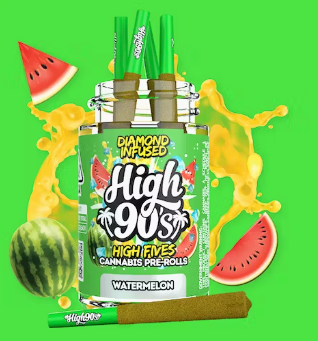 High 90's - Watermelon - 5pk Diamond infused Prerolls - (THC: 44.36%)