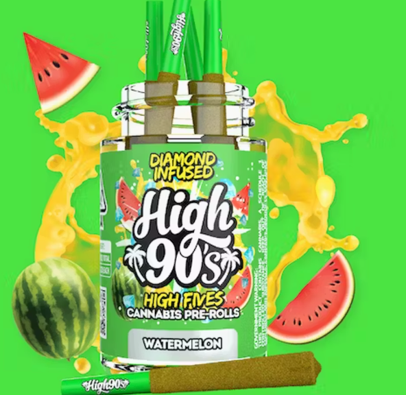 High 90's - Watermelon - 5pk Diamond infused Prerolls - (THC: 44.36%)