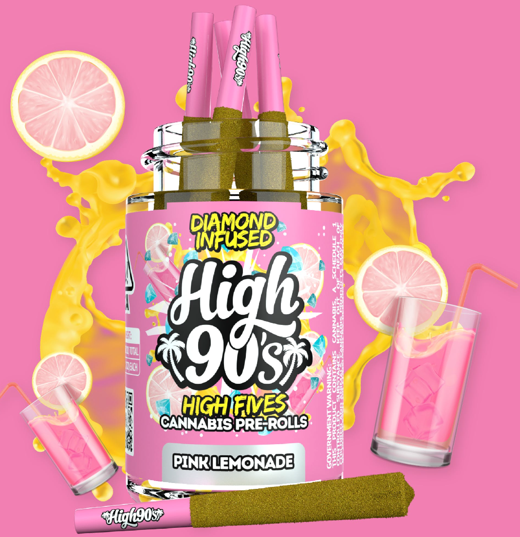 High 90's - Pink Lemonade - 5pk Diamond infused Prerolls - THC:42.24%