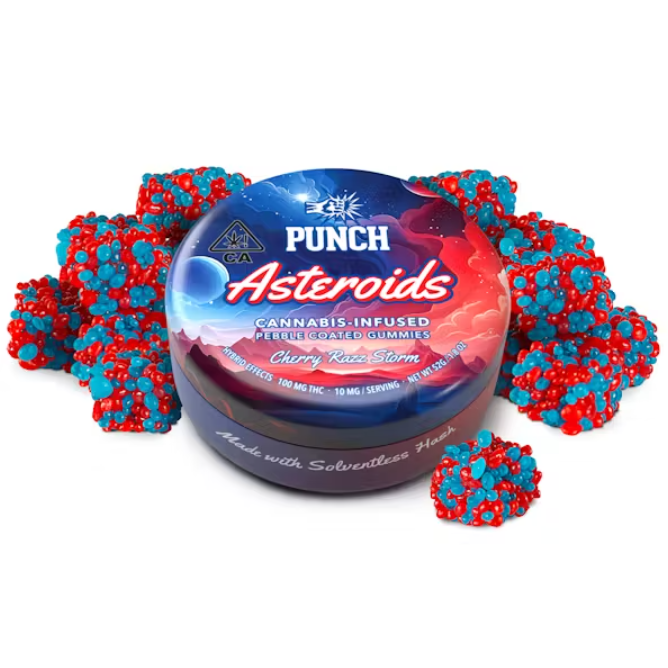 Solventless Asteroids | Cherry Razz Storm Pebble Coated Gummies