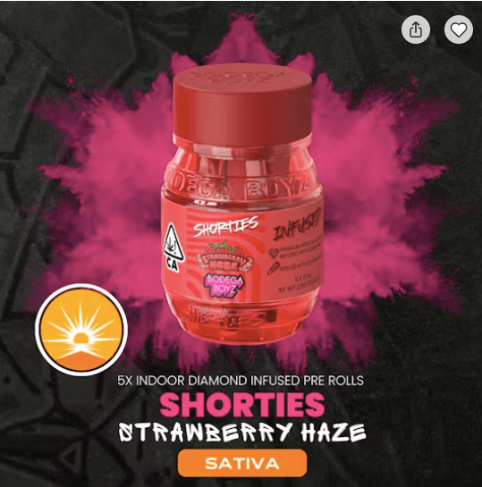 Bodega Boyz Shorties Strawberry Haze | 5 infused prerolls per Barrel: (SATIVA)