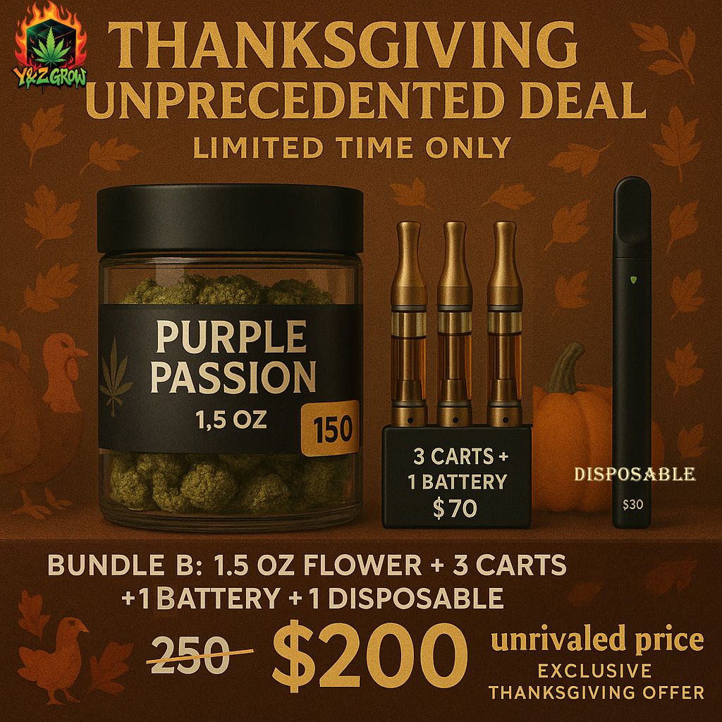 ? Thanksgiving Fire Bundle B: 1.5 Oz Purple Passion + 3 Cart + 1 Battery + 1 Liquid Diamond Dispo