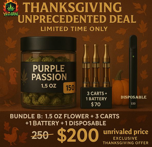 ? Thanksgiving Fire Bundle B: 1.5 Oz Purple Passion + 3 Cart + 1 Battery + 1 Liquid Diamond Dispo