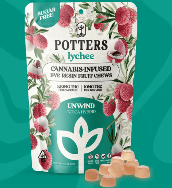 PRE-ORDER ONLY 100mg Lychee Indica Hybrid Sugar Free Live Resin Fruit Chews - Potters