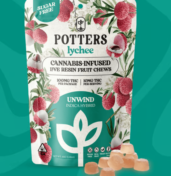 PRE-ORDER ONLY 100mg Lychee Indica Hybrid Sugar Free Live Resin Fruit Chews - Potters