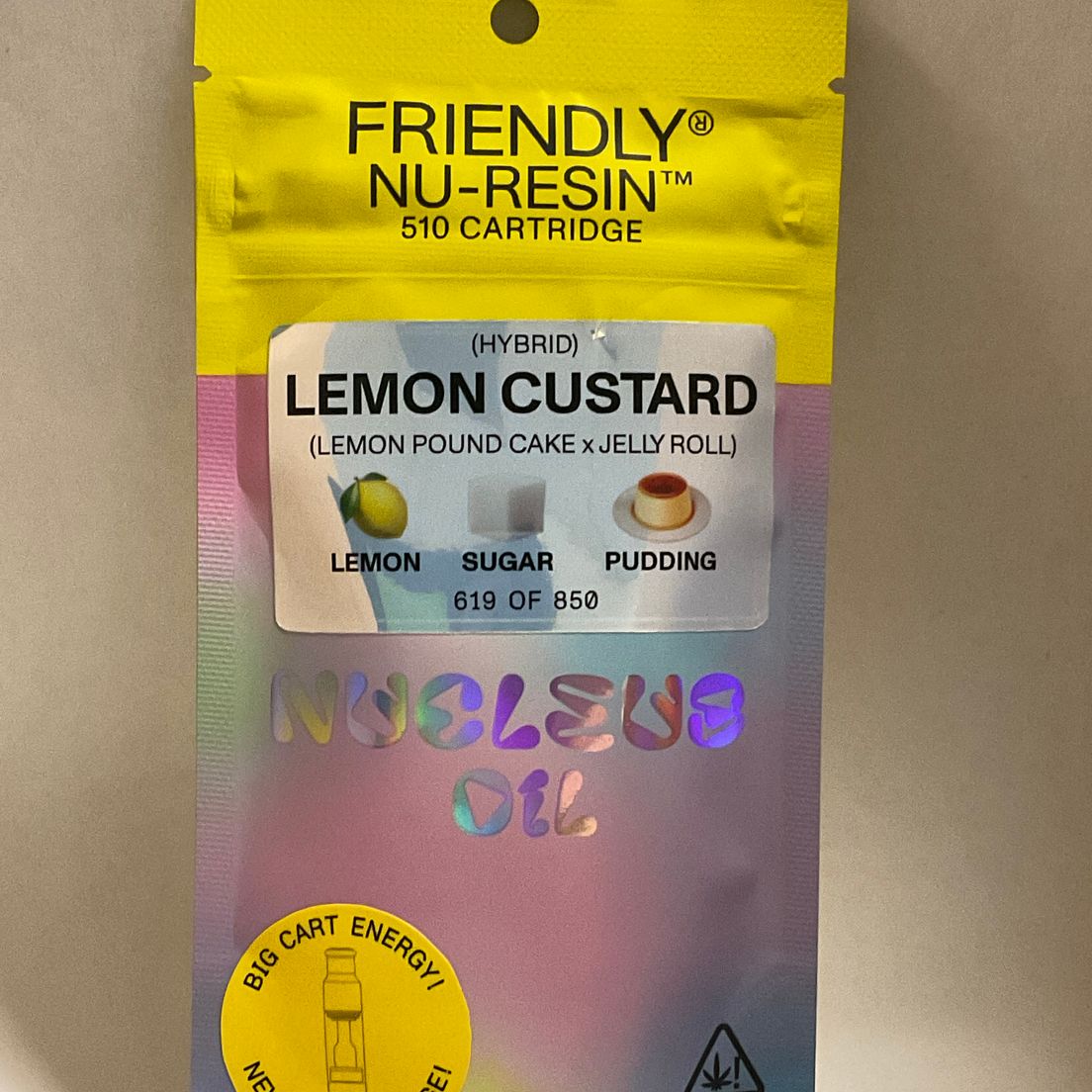 Friendly Brand - Lemon Custard - Hybrid - 1g Nucleus Cured Resin 510 Cart