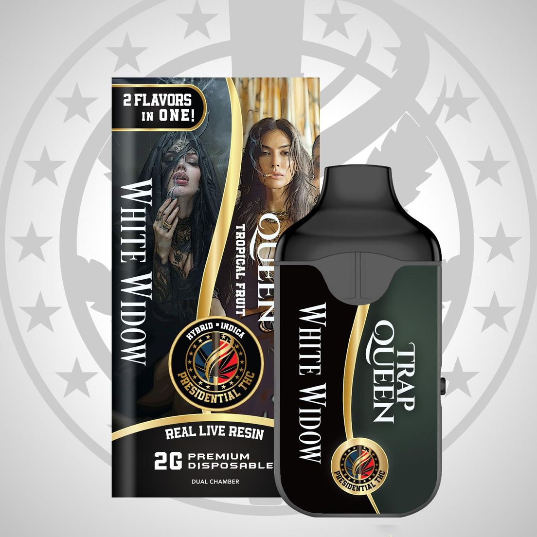 PRESIDENTIAL THC WHITE WIDOW/TRAP QUEEN LIVE RESIN DUAL CHAMBER DISPOSABLE 2G