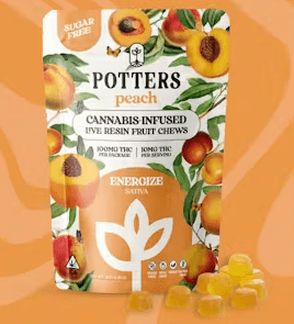 100mg Peach Sativa Sugar Free Live Resin Fruit Chews - Potters