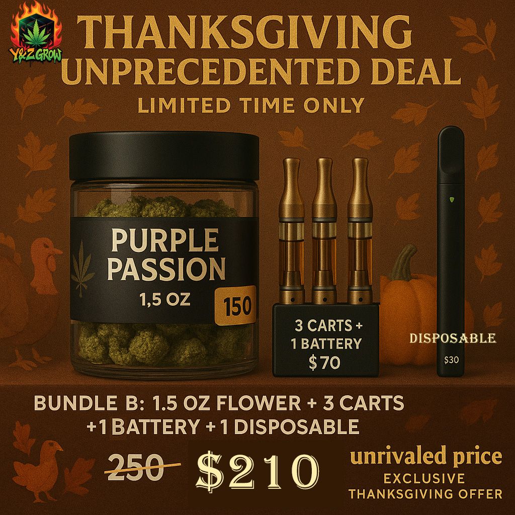 ? Thanksgiving Fire Bundle B: 1.5 Oz Purple Passion + 3 Cart + 1 Battery + 1 Liquid Diamond Dispo