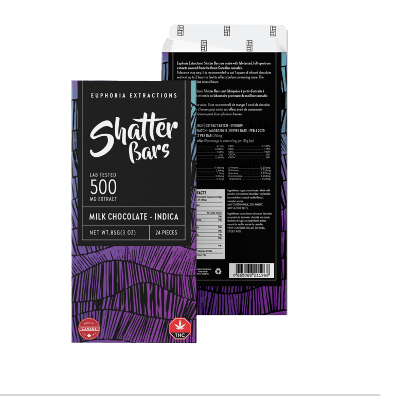 Euphoria Extract Shatter Bar Milk Chocolate Indica 500mg